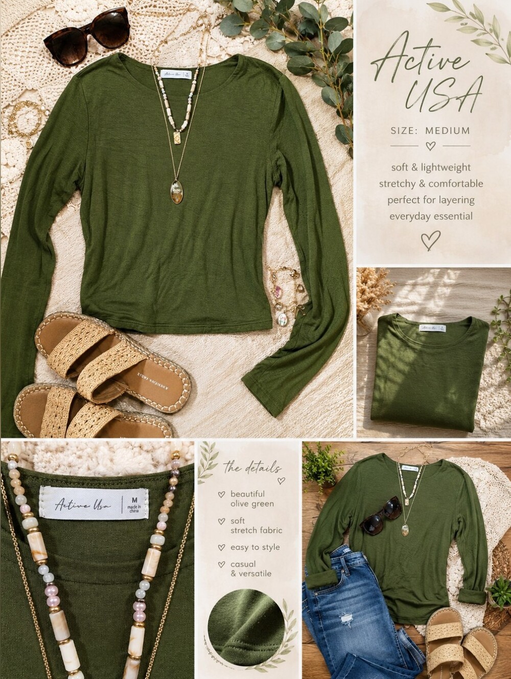 Active USA Olive Green Long Sleeve Lightweight Top for Women